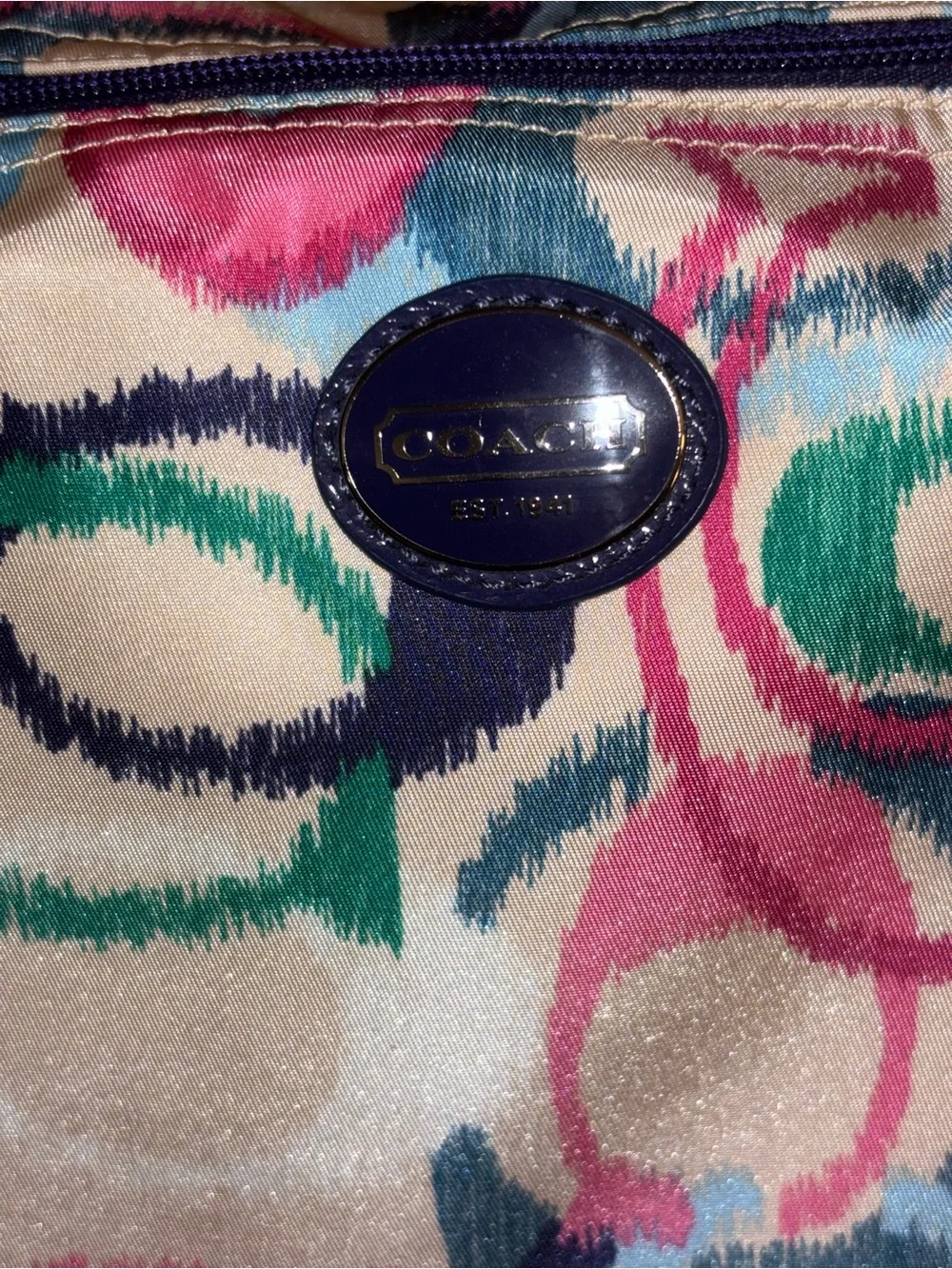 Coach Multicolor Signature Circle Print Tote with Navy Straps